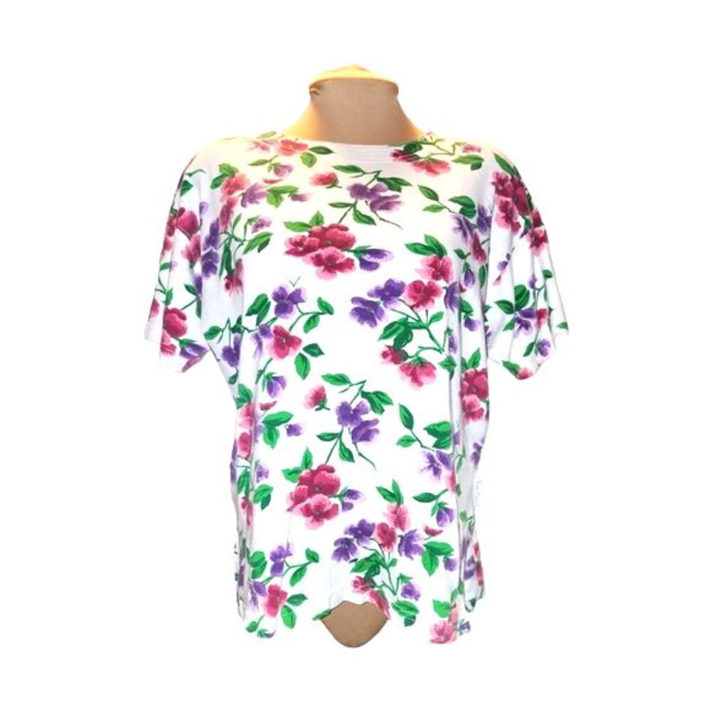 Pierre‎ Cardin Vintage White, Pink & Purple Floral Short Sleeve Tunic Size M